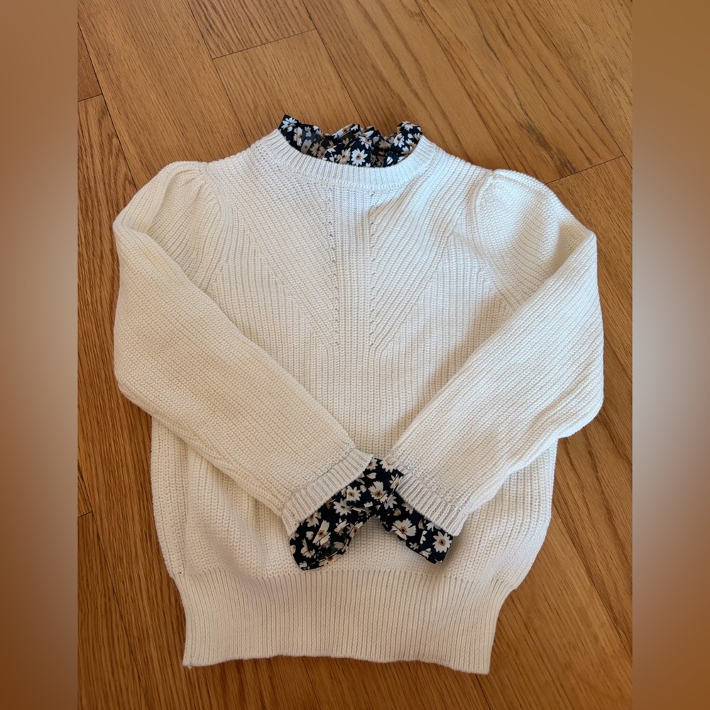 Girls' Cream Knit Sweater with Floral Trim